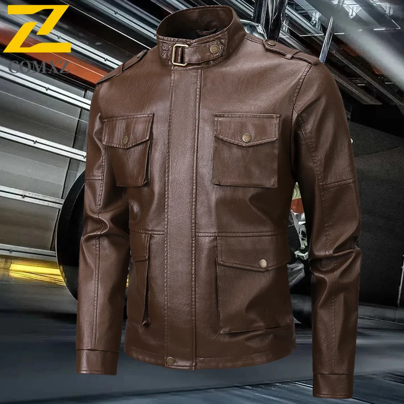 2025 New Men's Slim PU Leather Jacket Fashion Trend Korean Slim Fit Casual PU Faux Leather Coat Motorcycle Jacket Spring Autumn