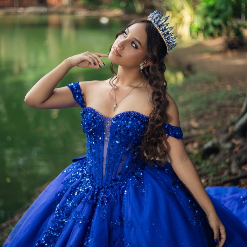 

Royal Blue Shiny Quinceanera Dresses Ball Gown Off The Shoulder Sequin Applique Lace Beads Bow Tull Corset Party Birthday Sweet