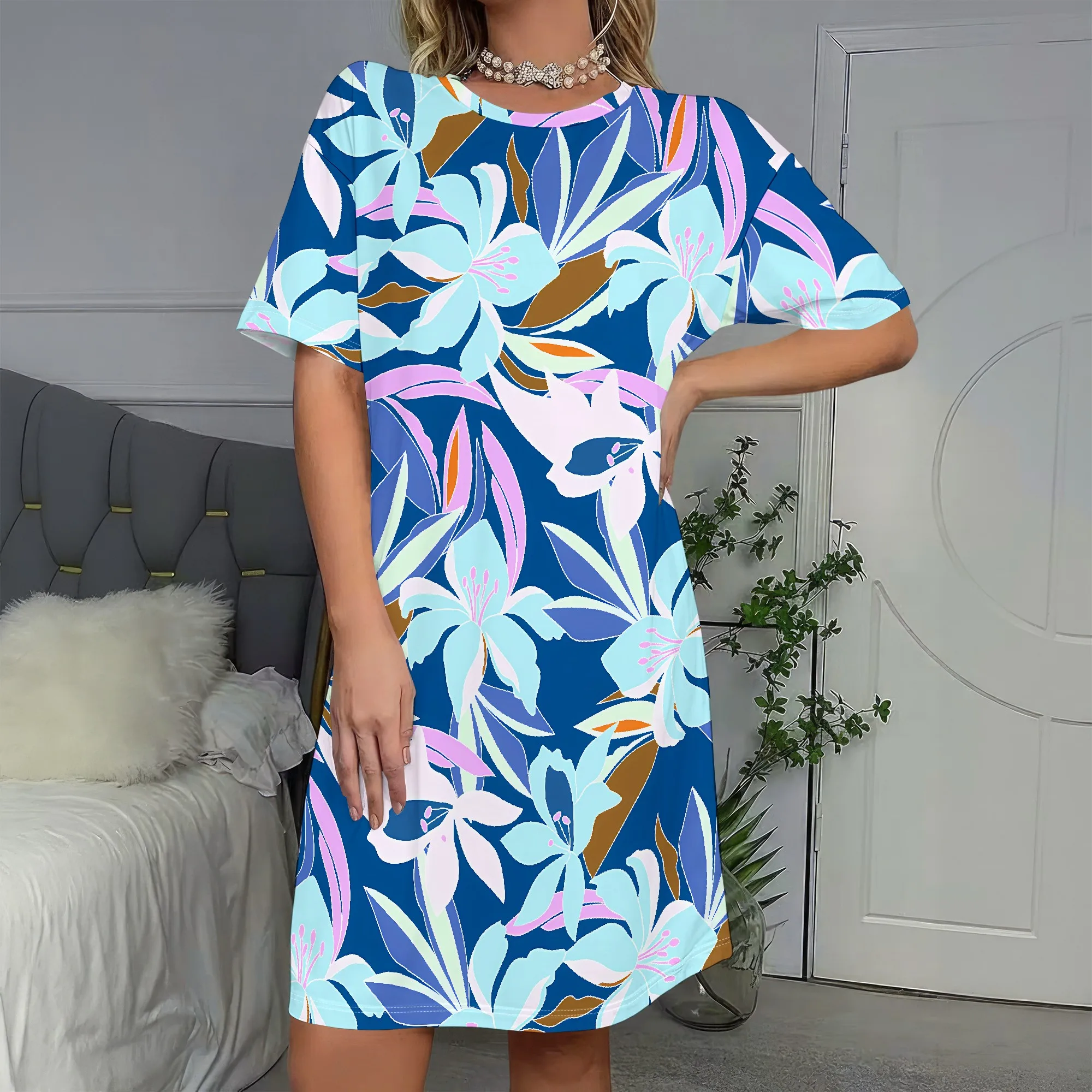 Floral Print,Short Sleeve Dress,Blue Tropical Pattern,Summer Casual Wear,Vacation Beach Outfit,Everyday Chic Style,S-2XL