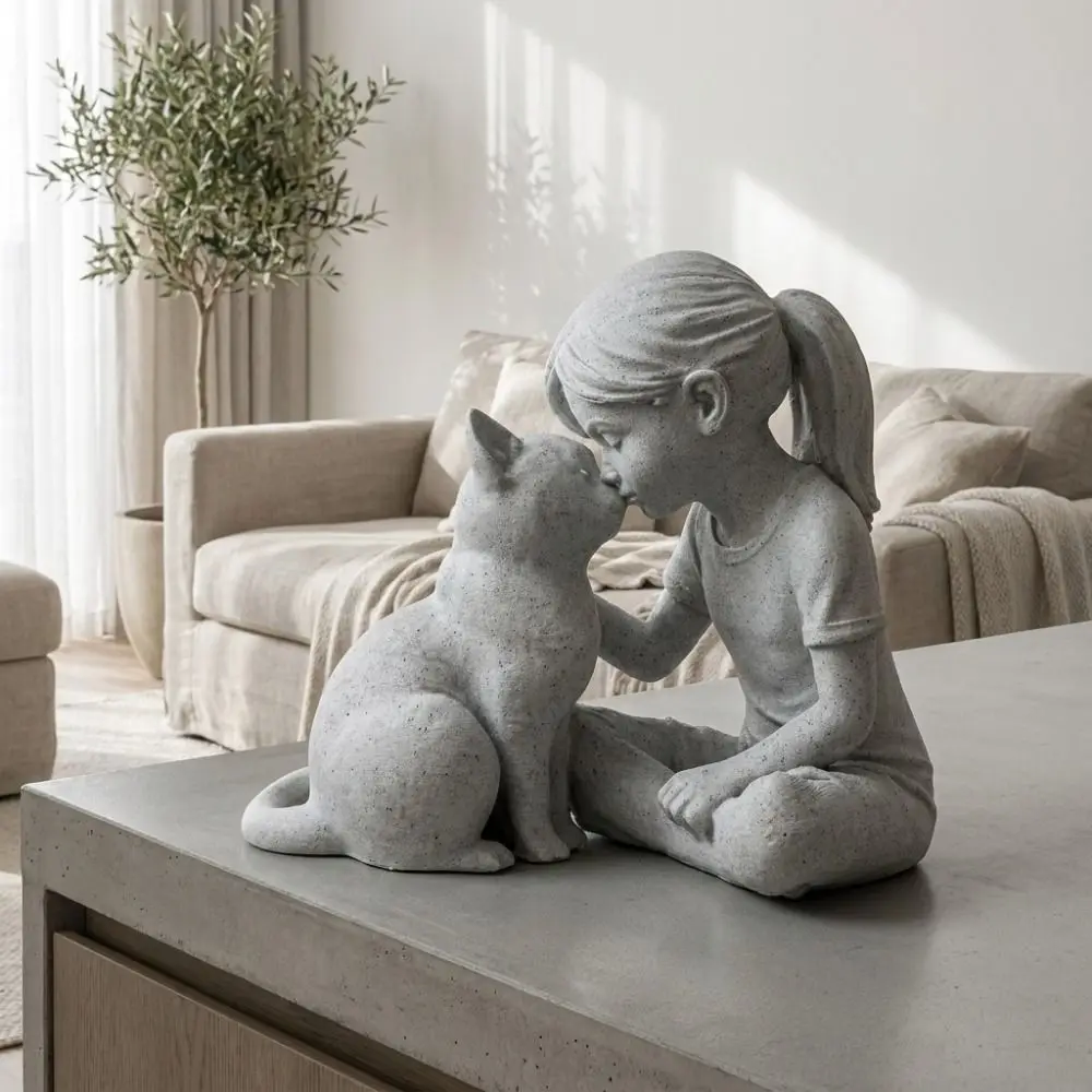 3D Printed Girl and Cat Sculpture Plastic Unique Girl Cat Friendship Statues Crafts Cute Animal Girl Cat Ornaments Desktop Use