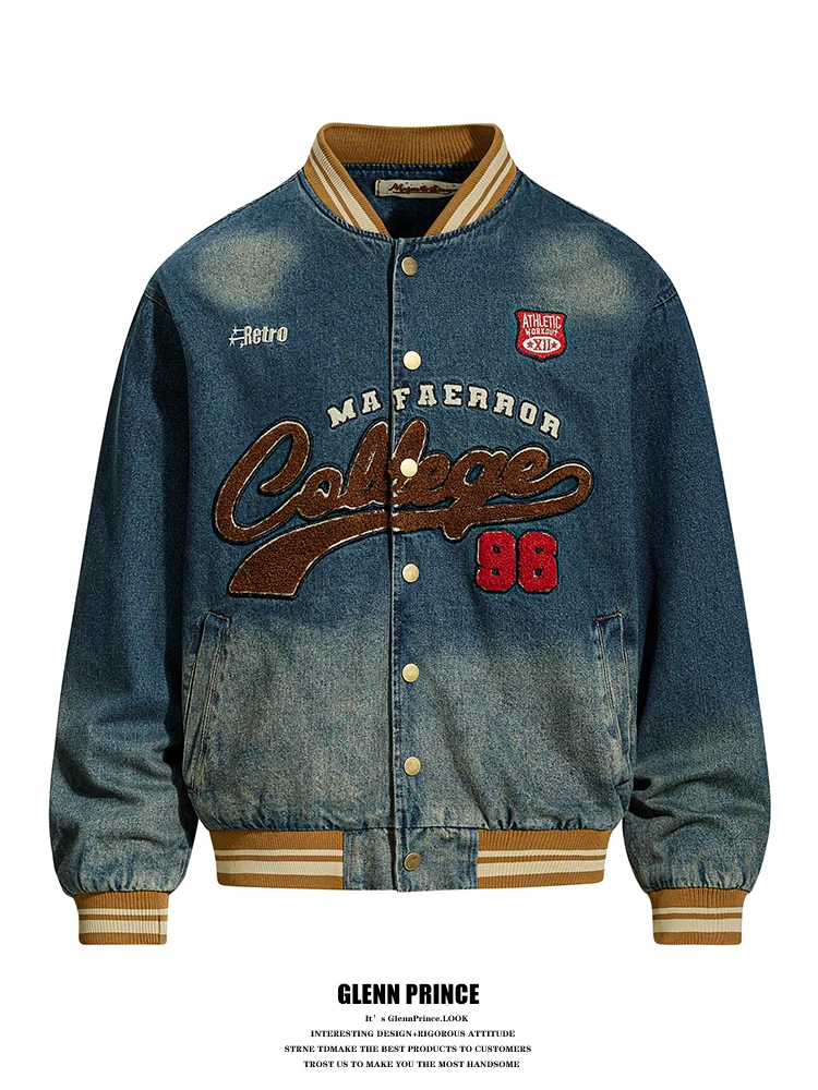 

American Retro Waed Denim Jaet Men's Winter Thiened Design Baseball Outfit Coat Loose Fit Embroidered Long Sve Cotton