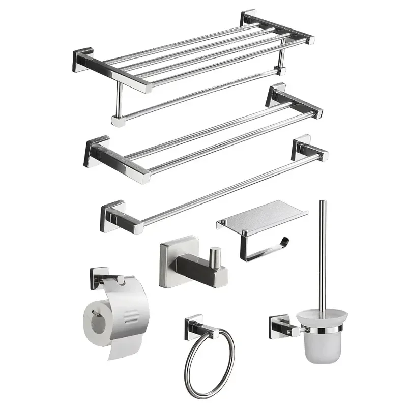 Modern Eco-Friendly Rectangle Silver Wall-Mounted Towel Holder Stainless Steel Bath Hardware Set for Hotel Projects Modern