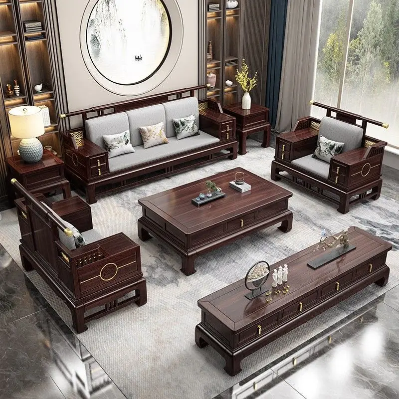 New Chinese Zen modern simple furniture ebony sofa combination all solid wood living room winter and summer size apartment