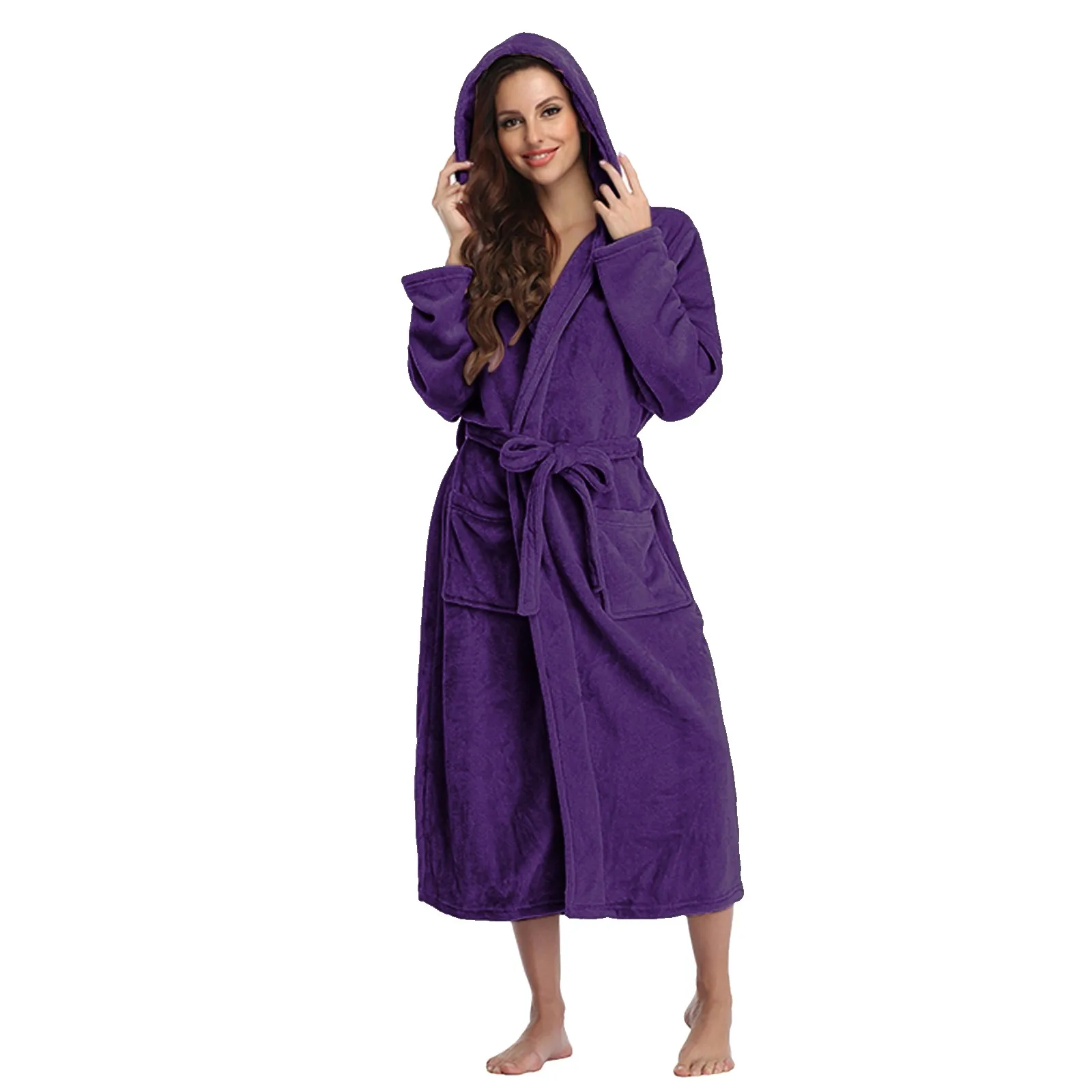 

New Autumn Solid Hooded Robe Bathrobe Women Winter Warm Plush Lightweight Soft Nightgown Robes Female Casual Home Dressing Gowns