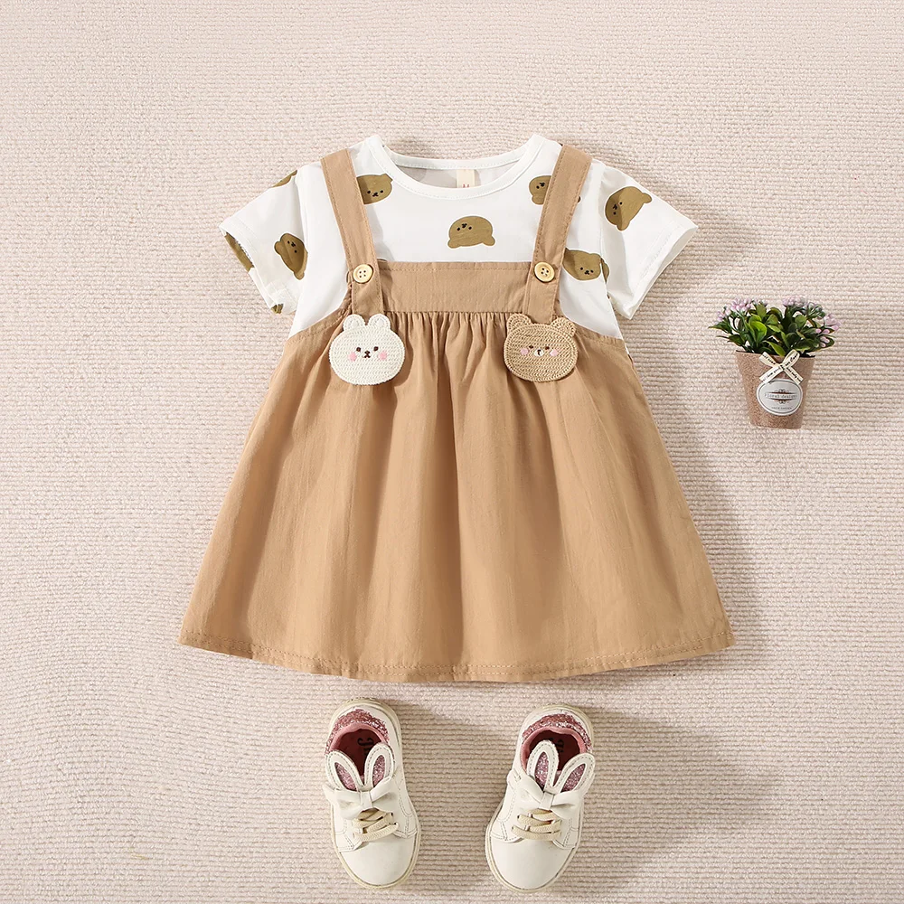 Baby Girl Dress Summer New Girl Bear Short sleeved Top Cartoon Rabbit Bear Strap Dress Fake Two Pieces
