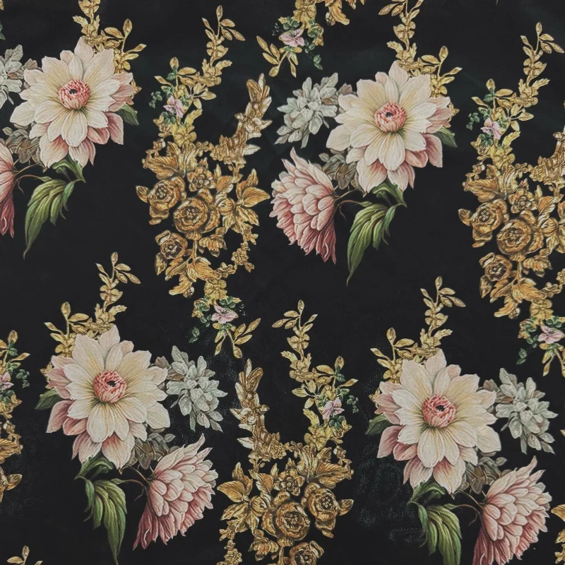 

Ткань из 100% тутового шелка, 1 метр, креповая шелковая ткань 16 мамме, черная, с винтажным цветочным принтом, ширина 140 см, 55 дюймов, по дворам JX080