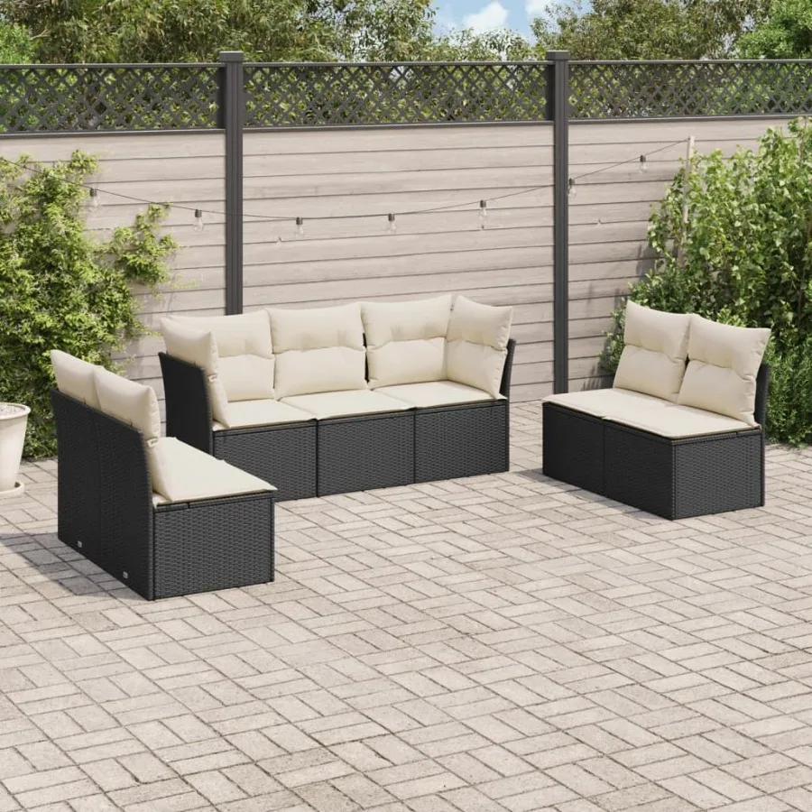 

7 Piece Patio Sofa Set with Cushions Black Poly Rattan