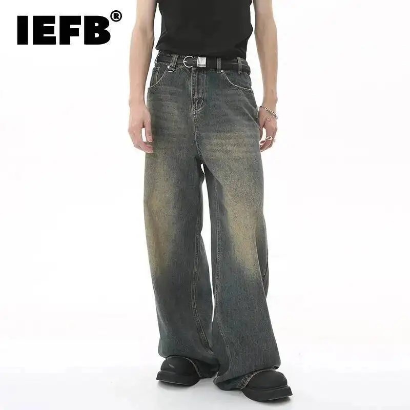 IEFB, pantalones vaqueros de verano para hombre, pantalones vaqueros lavados de color azul viejo para hombre, ropa informal recta para hombre, pantalones sueltos de pierna ancha, nueva moda 9C354