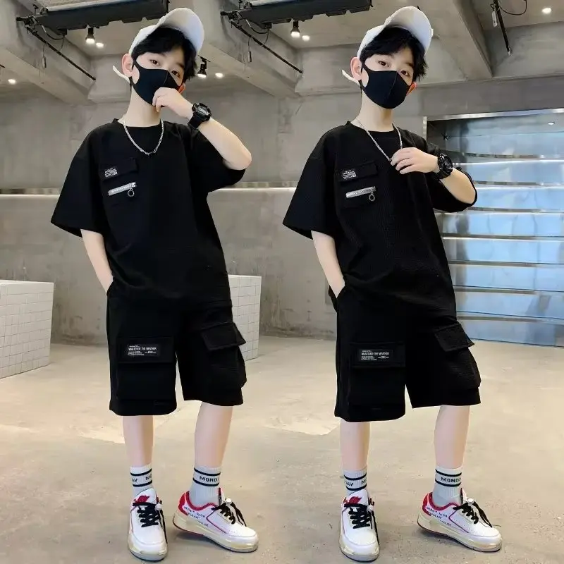 

2025 summer Teenager Boys Clothes Casual solid thin Kids Tracksuit Children set black t shirt + short pant pocket 5 6 7 12 Year