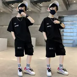2026 summer Teenager Boys Clothes Casual solid thin Kids Tracksuit Children set black t shirt + short pant pocket 5 6 7 12 Year