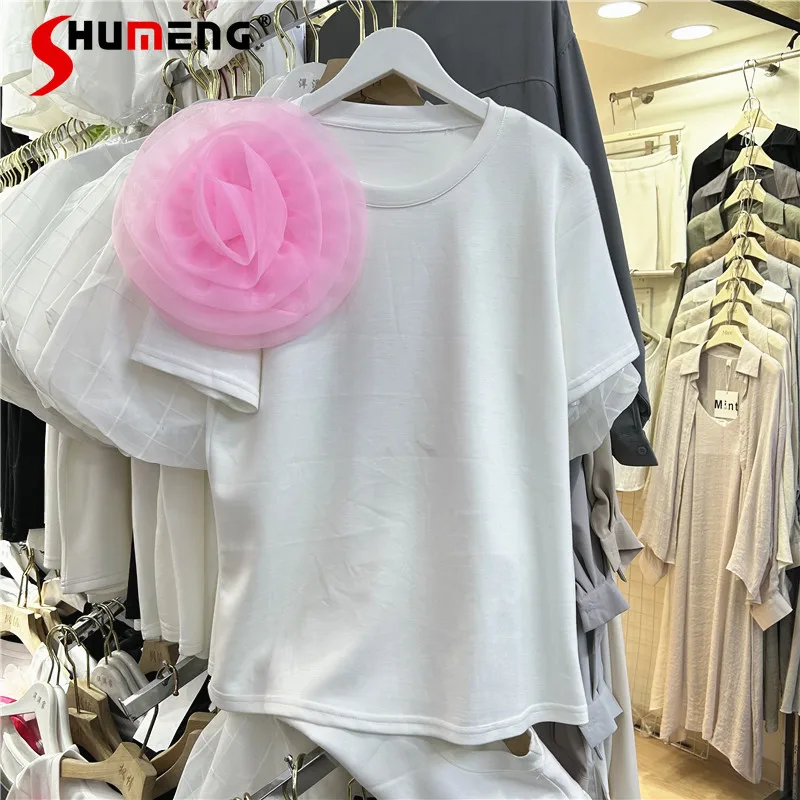 

Fashion Color Contrast Sweet Organza Three-Dimensional Large Flower Decorative O-Neck Pullover Short Sleeve Tshirt Versatile Top