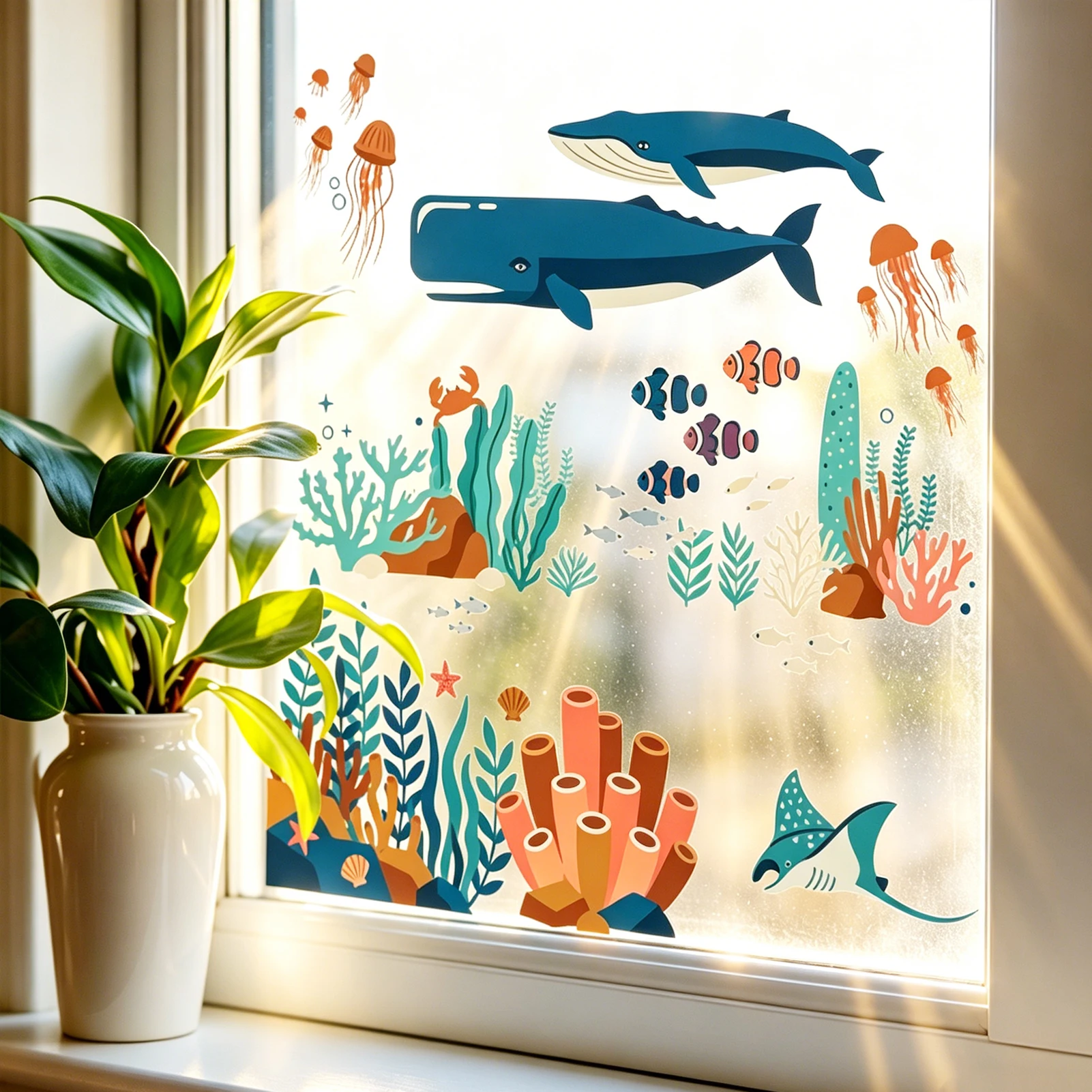 Underwater World Wall Sticker, Whales, Jellyfish, Fish and Coral Vinyl Wall Decals for Home Decor