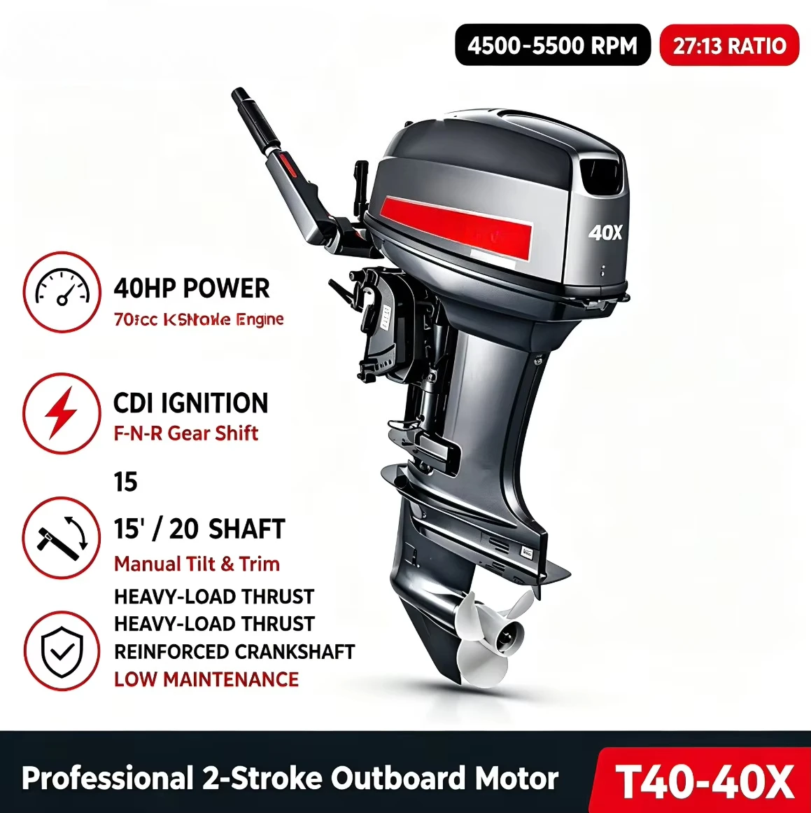 For Yamaha Parsun 40HP E40X 703cc 2 Stroke CDI Tiller Handle Gas-oline Marine Outboard Engine Assembly for Boat