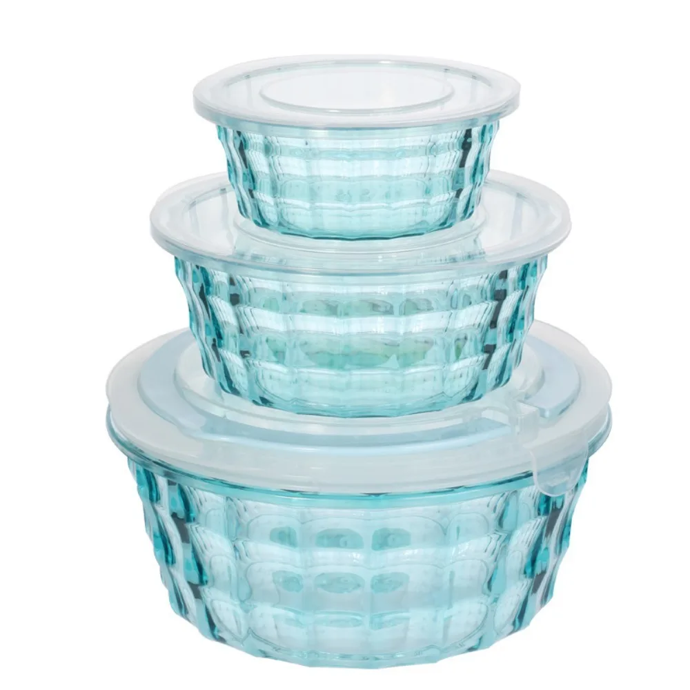 

3PCS Stripe Pattern Food Preservation Box Set Round/Square Transparent Salad Bowl Folding Handle Food Grade Plastic