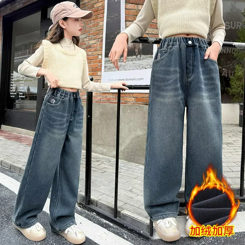 Nuevos pantalones vaqueros con aislamiento de invierno para niños, pantalones de calle con forro polar a la moda para adolescentes y niños, pantalones vaqueros térmicos con Bordado de letras para niñas