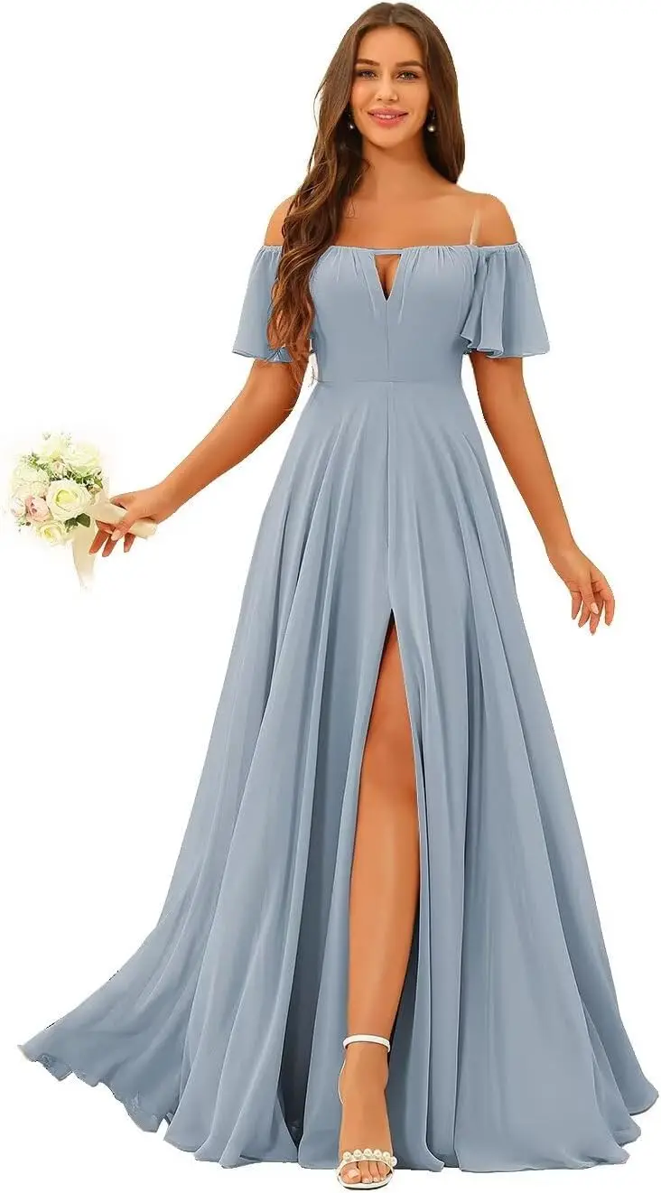 Uit de schouder chiffon bruidsmeisjesjurk Split A-lijn plooien bruidsmeisjesjurk lang voor dames met zakken Avondjurken
