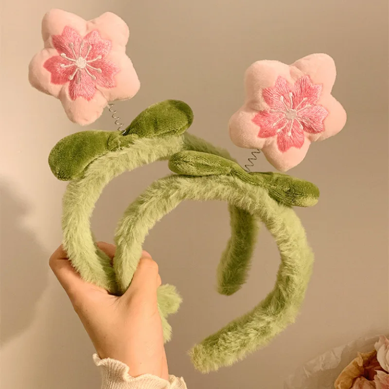 Cute Fluffy Cherry Blossom Decor Bow Headband For Women Sweet Soft Facial Cleansing Skincare Hair Hoop For Daily Outdoor Wear