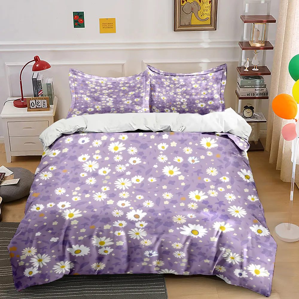 Purple background with white daisies Bedding Set for Kids Luxury Gift 3pcs Digital Print Comforter Set Soft Comfortable