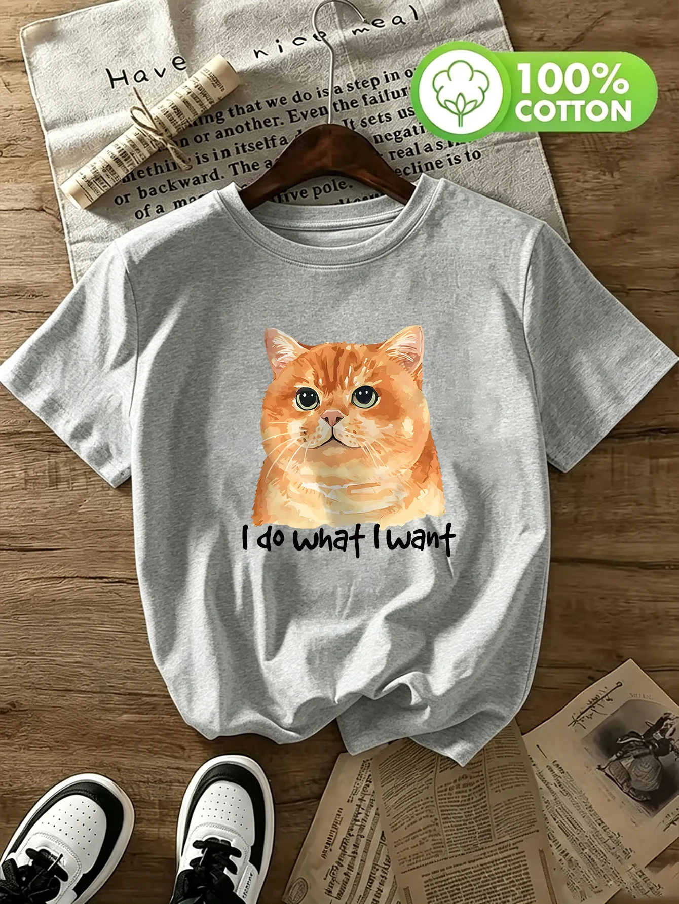 I Do What I Want Proud Cat T-shirt Watercolor Orange Cat Fun Quotes Printed T-shirt Round Neck Design for Summer Daily Wearing