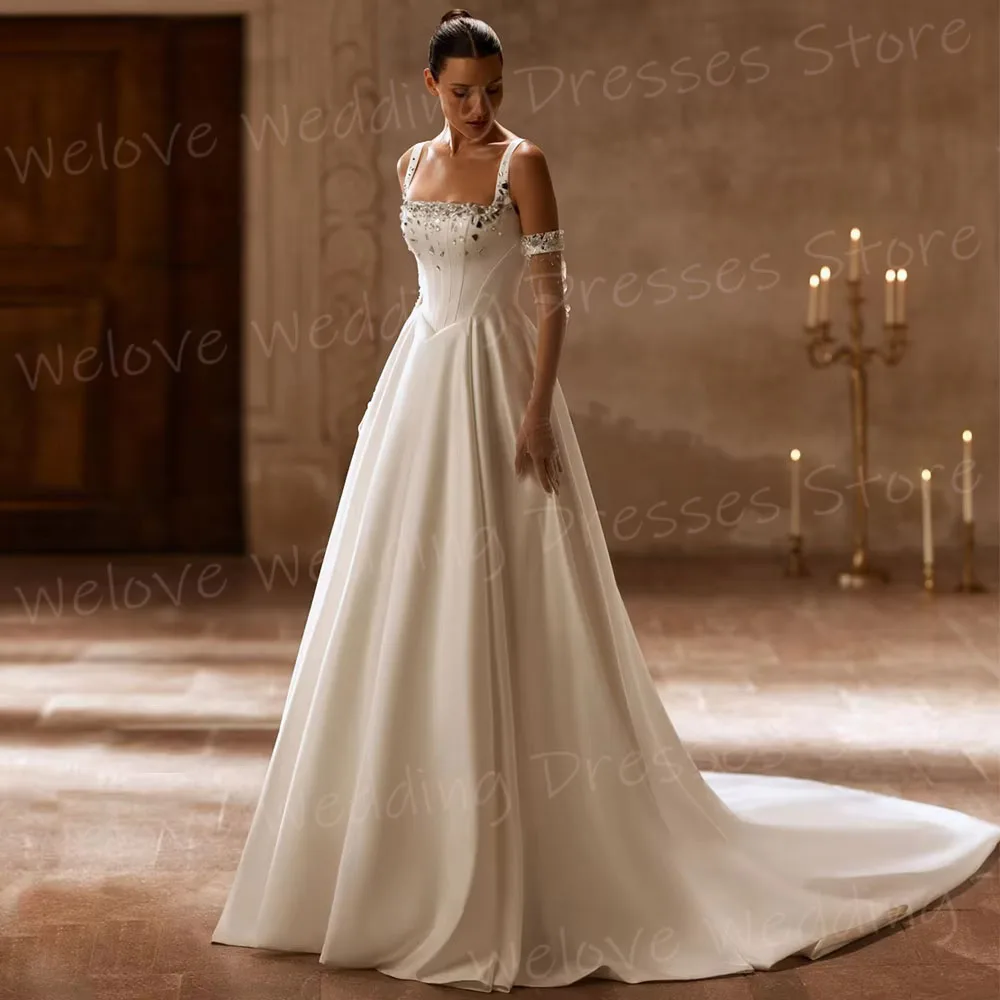 Simple A Line Women's Wedding Dresses Sleeveless Satin Robe De Mariée Customized Spaghetti Straps Bride Gowns Vestido De Novia