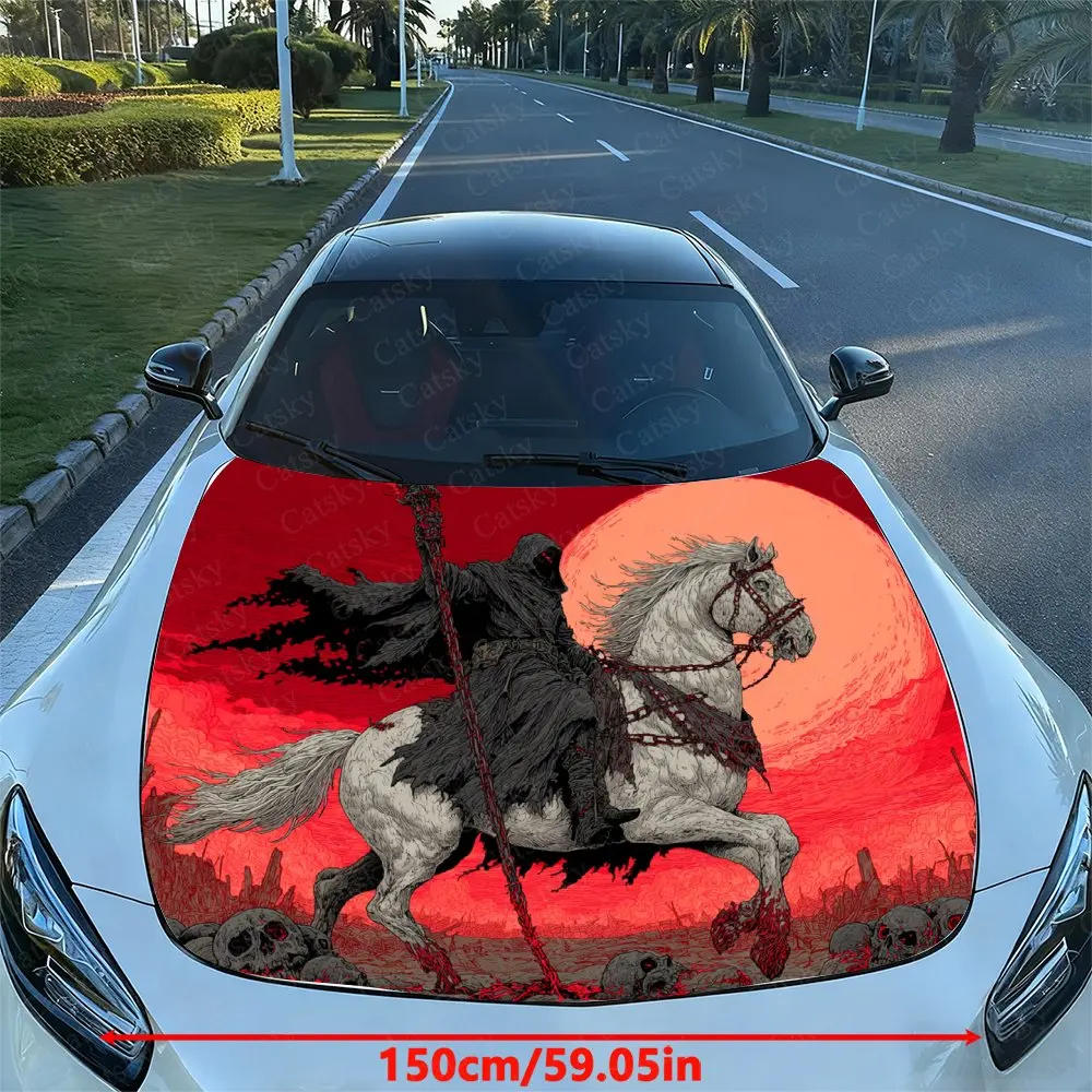 Red Night Moon Dark Skull Knight Car Hood Sticker, Easy To Install And Remove, Independence Day Car Decoration, Suitable For A-c