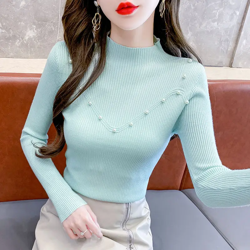 Sweater Solid Color Long Sleeve Pullover Women's Clothing Half High Collar Embroidered Flares Spring Autumn Screw Thread Tops