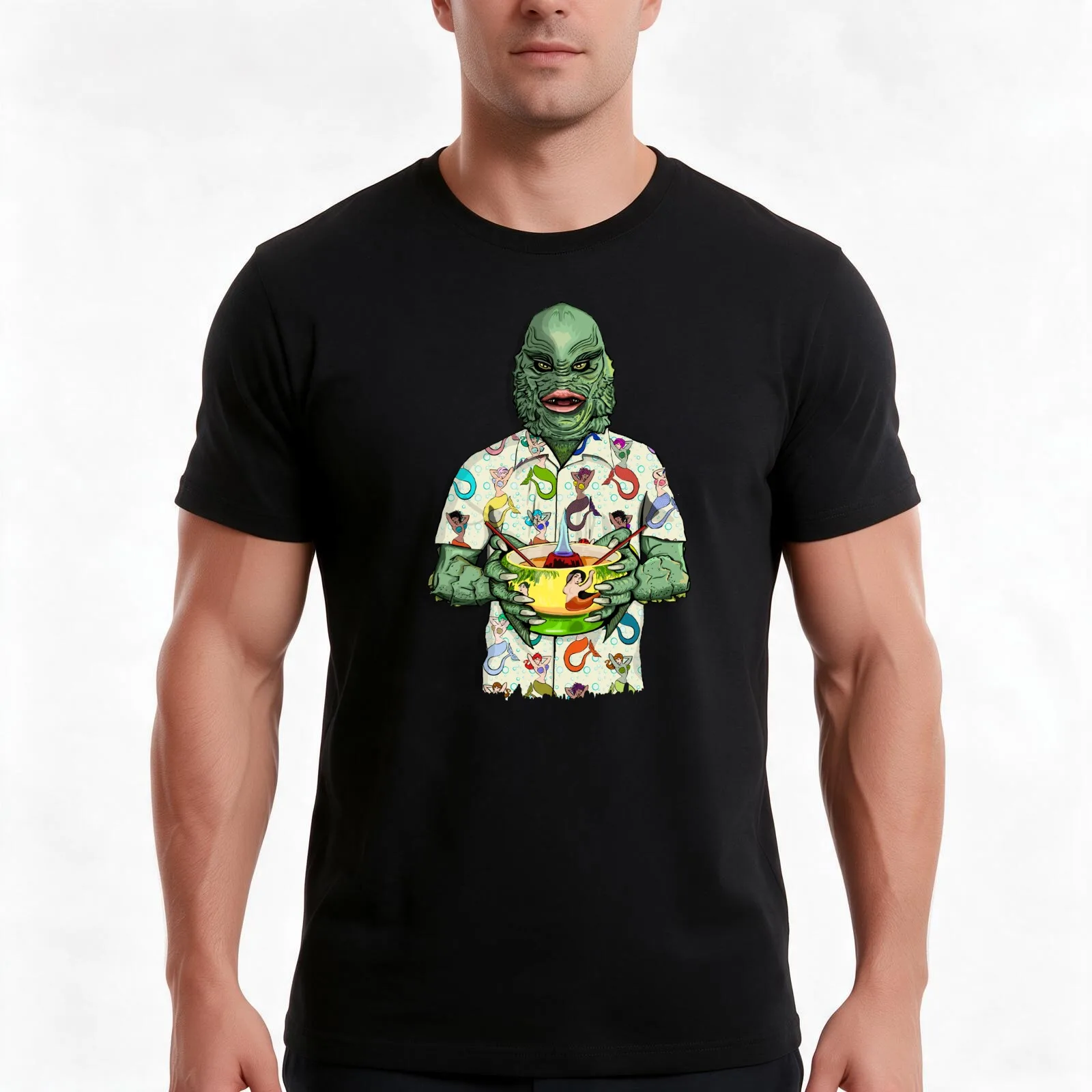 Tiki Creature with mermaid shirt T-Shirt, Summer Casual Cotton Tee, Oversized Streetwear Tops, Vintage Graphic Print