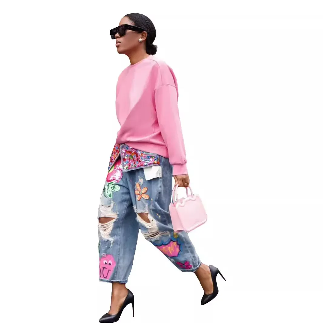 Estampado en caliente de moda, posicionamiento, impresión, pantalones harem, pantalones vaqueros desgastados para mujer, pantalones vaqueros