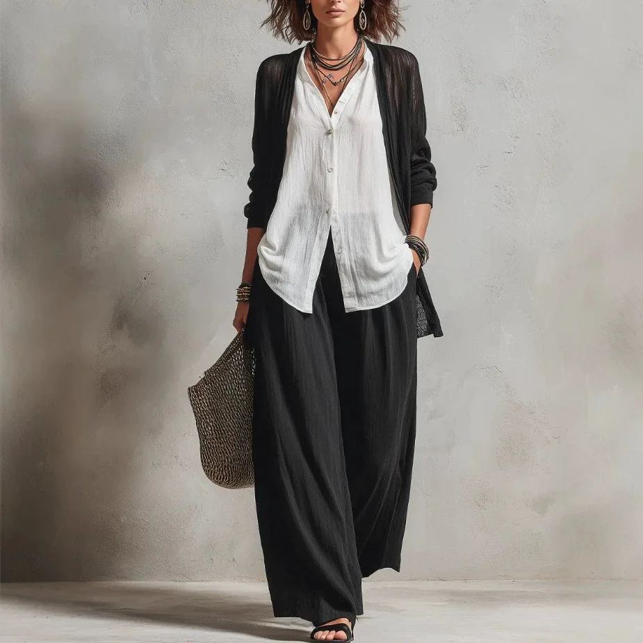 Layered Vest Cardigan and Wide Leg Pants Matching Set, Casual Jumpsuit Playsuit Overall Spring Summer