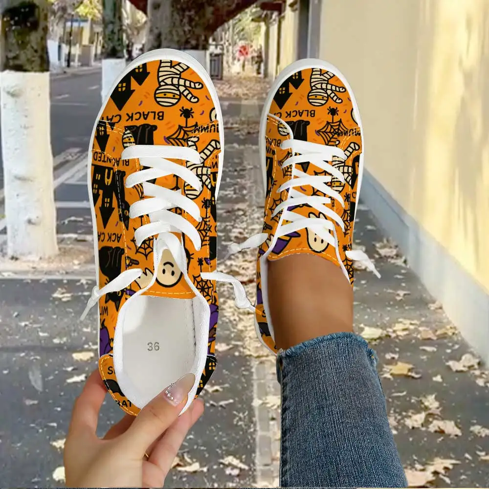 Fun Cartoon Halloween Elements Women Casual Sneakers, Low‑Top Canvas Shoes, Lace‑Up for Halloween Festival Party and Daily Wear