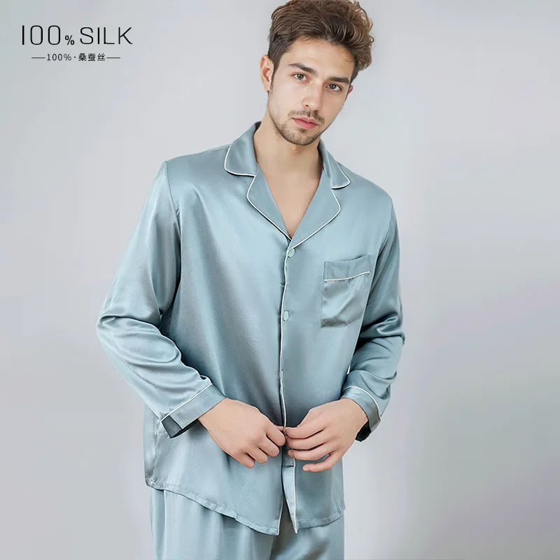 

Spring and summer long-sleeve and long-pant pajama loungewear set, 100% mulberry silk, men's silk pajamas suitable for outer wea