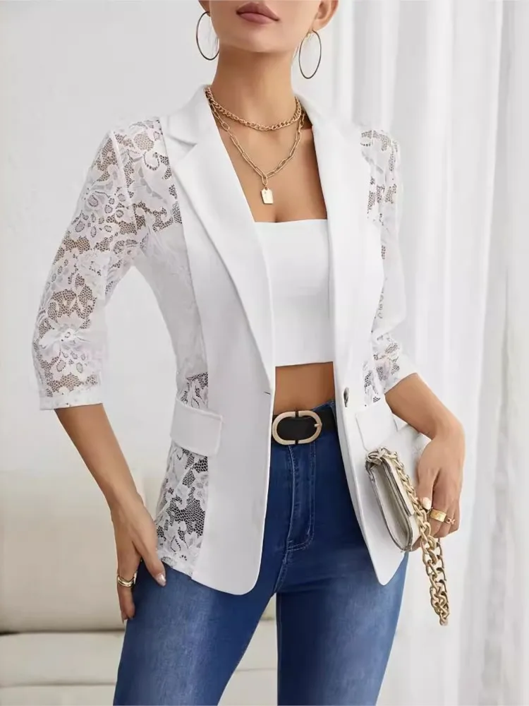 Elegant Work Blazer Coats For Women 2026 Spring Summer Fashion Lace Notched Collar Slim Coat White Black Casual Women's Jacket
