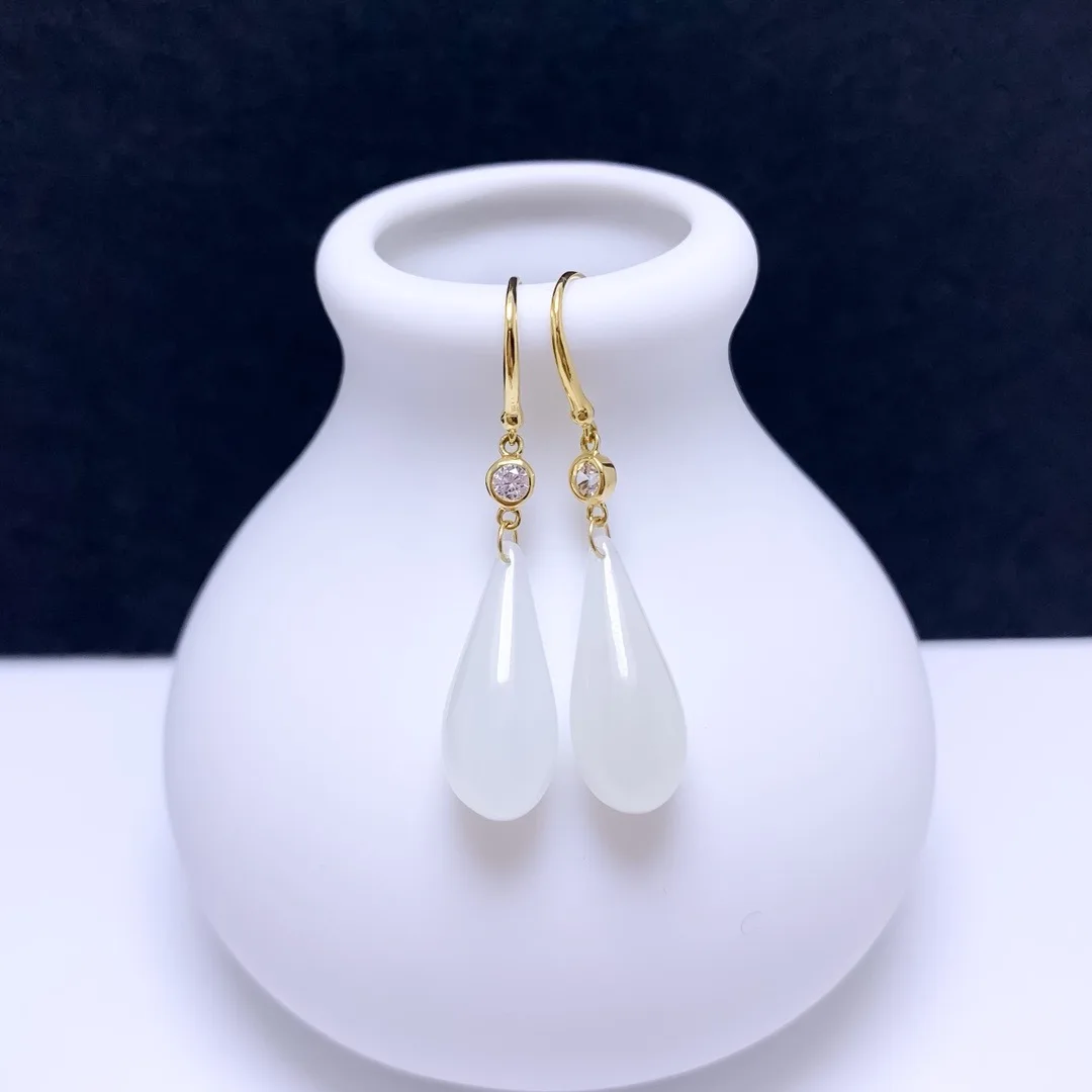 SHILOVEM 18k  Yellow Gold White Jade Stud Earrings New Birthday Christmas Gift Fashion Wholesale Women  8*18mm yze081882
