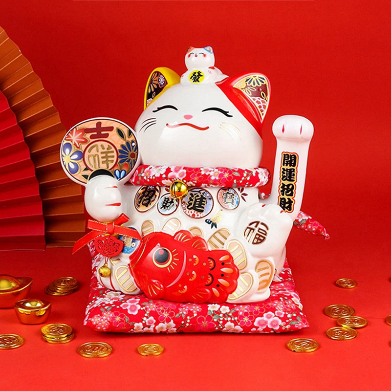 8.26 Inch Ceramic Beckoning Cat Red Lucky Cat Wealth Fortune Mascot USB Powered Waving Arm Kitten Maneki Neko Centerpiece