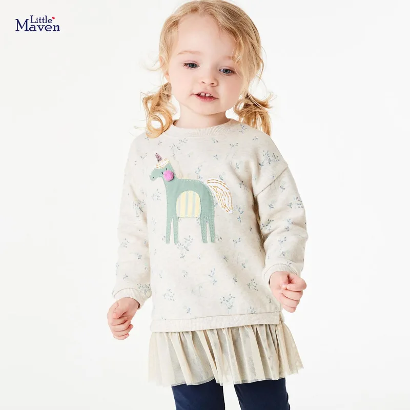 Little maven 2024 Spring and Autumn Clothes Baby Girls Cotton Casual Unicorn Dress Lovely and Sweet for Kids 2-7 year