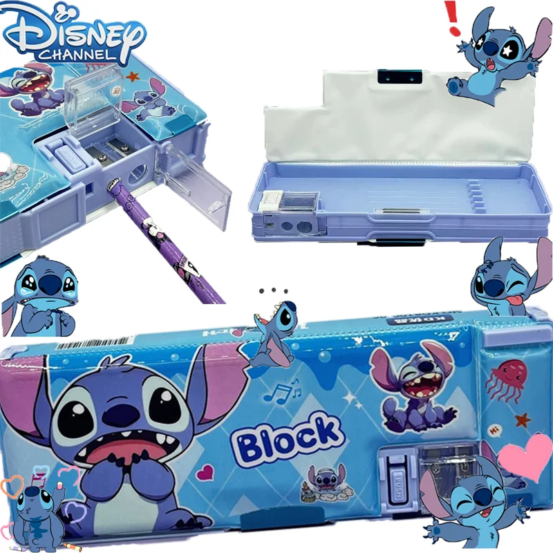 Disney Stitch Pencil Case Animated Cartoon Student Multi-purpose Double-sided Sharpener Large Capacity Pencil Case Stationery