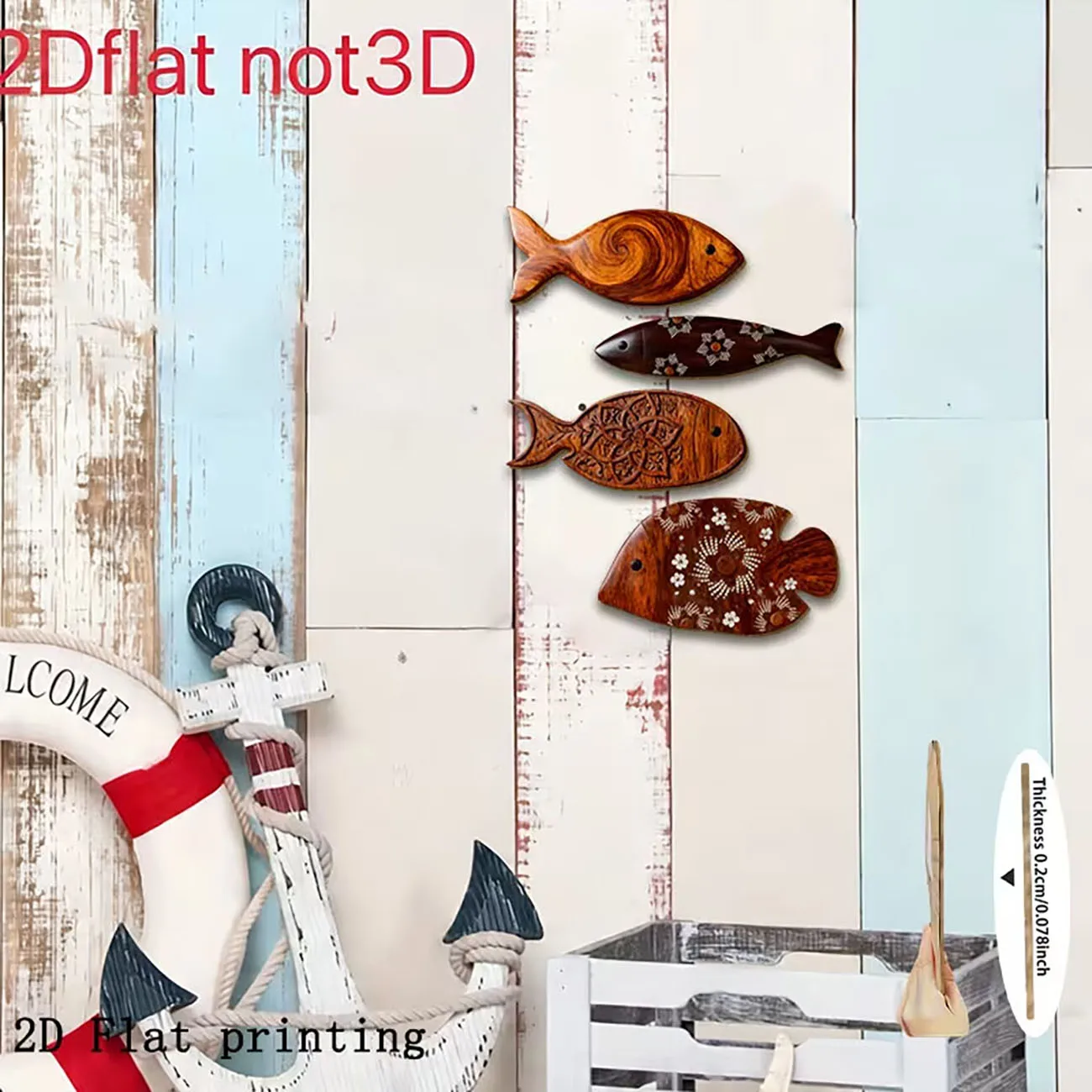 4Pcs Ethnic Carved Fish Wooden Wall Stickers Double Sided Nano Tape No Drill 2D Flat Print Coastal Wall Decor