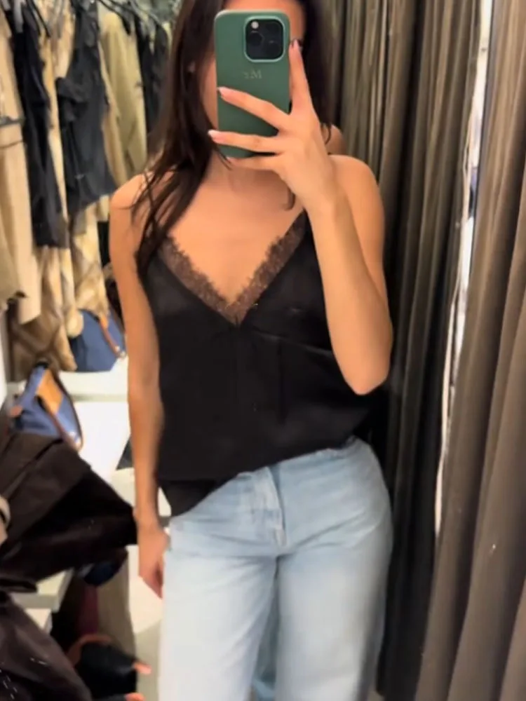 

HH Woman 2025 Рождественская новая мода с кружевной отделкой на бретельках без рукавов с v-образным вырезом Мини-топ женский тонкий легкий сексуальный топ с открытой спиной для вечеринок