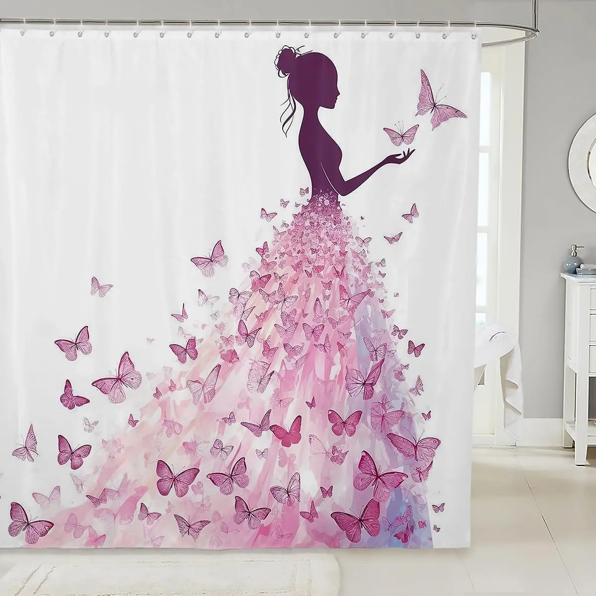 

Butterfly Princess Shower Curtain Pink Silhouette Art Romantic Bathroom Decor Linen180x210