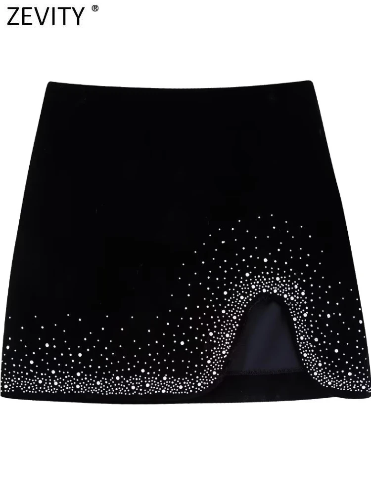 Zevity Women Fashion Shinning Sequined Split Design Velvet Mini Skirt Faldas Mujer Female Chic Side Zipper Slim Vestidos QUN2663