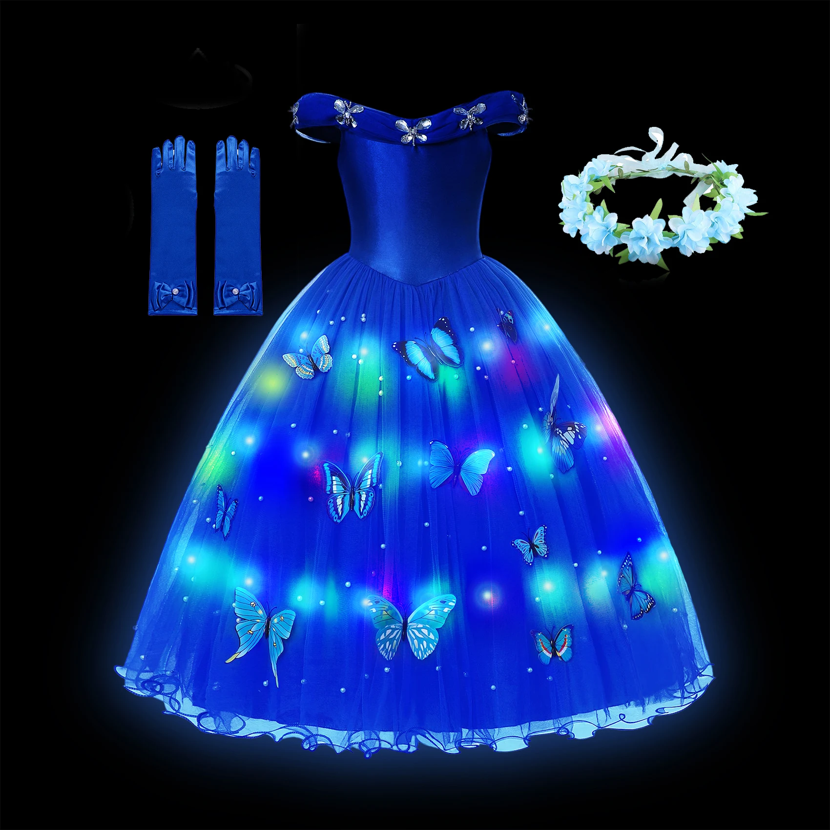 Girls LED Light Up Cinderella Princess Cosplay Dress for Girl Kids Ball Gown Butterfly Carnival Tutu Mesh Clothing for Birthday