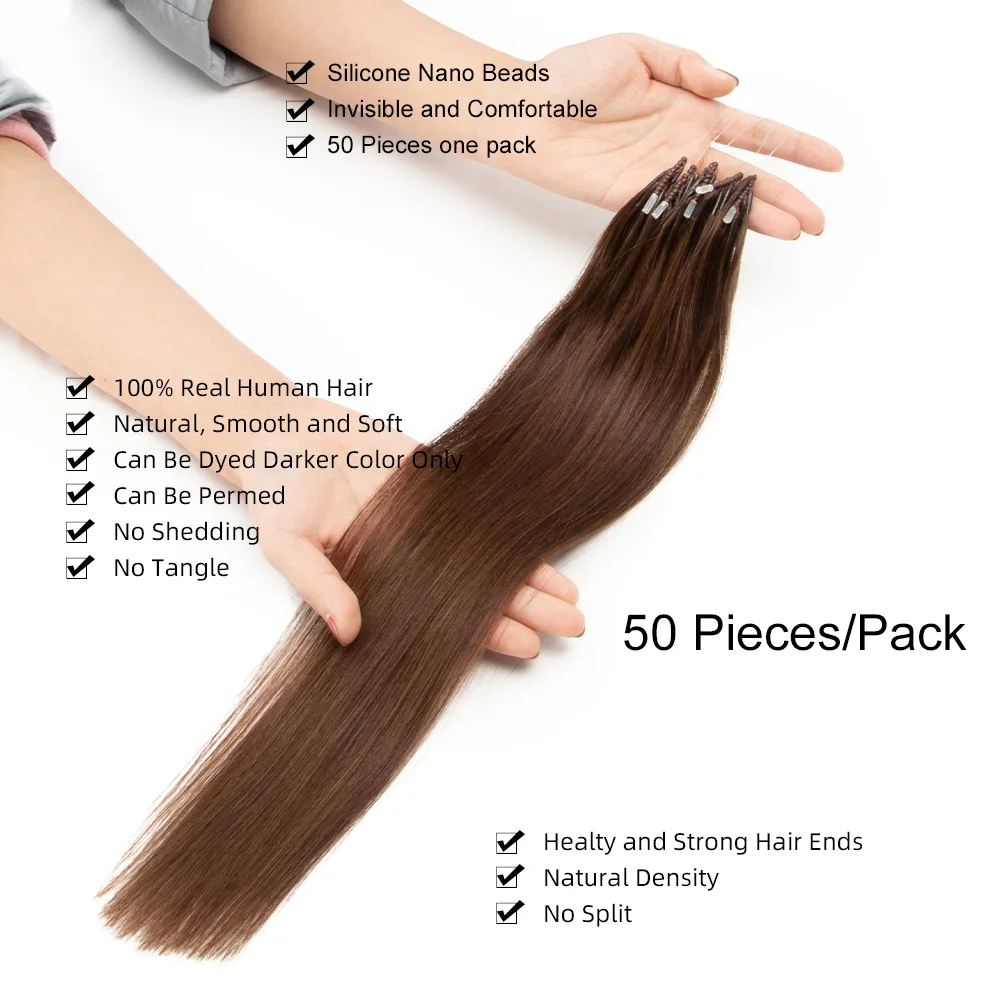 Extensiones de cabello humano con Micro cuentas, Nano anillo de silicona 8D, Mini cuentas de silicona invisibles, negro, marrón, Rubio, extensión de