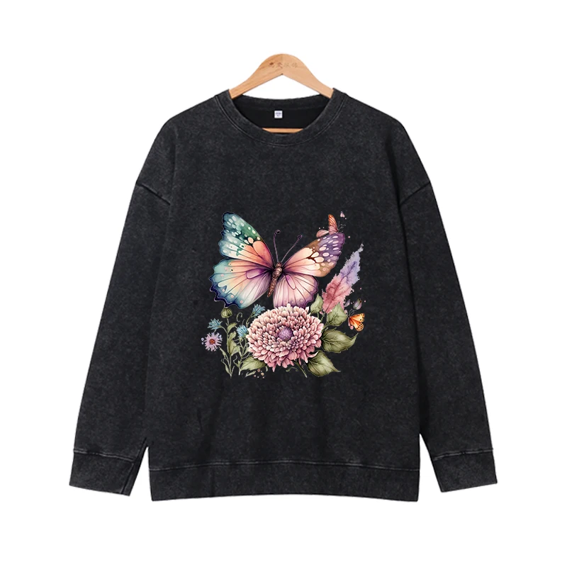 Beautiful and fresh butterfly minimalist printed top, loose sports versatile casual T-shirt autumn and winter long sleeved shirt