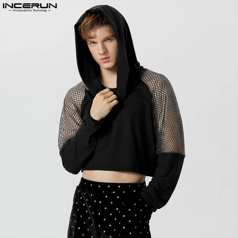 INCERUN Tops 2024 Fashionable New Men\'s Back Sexy Patchwork Hoodie Leisure Streetwear Mesh Hooded Long Sleeved Sweatshirts S-5XL