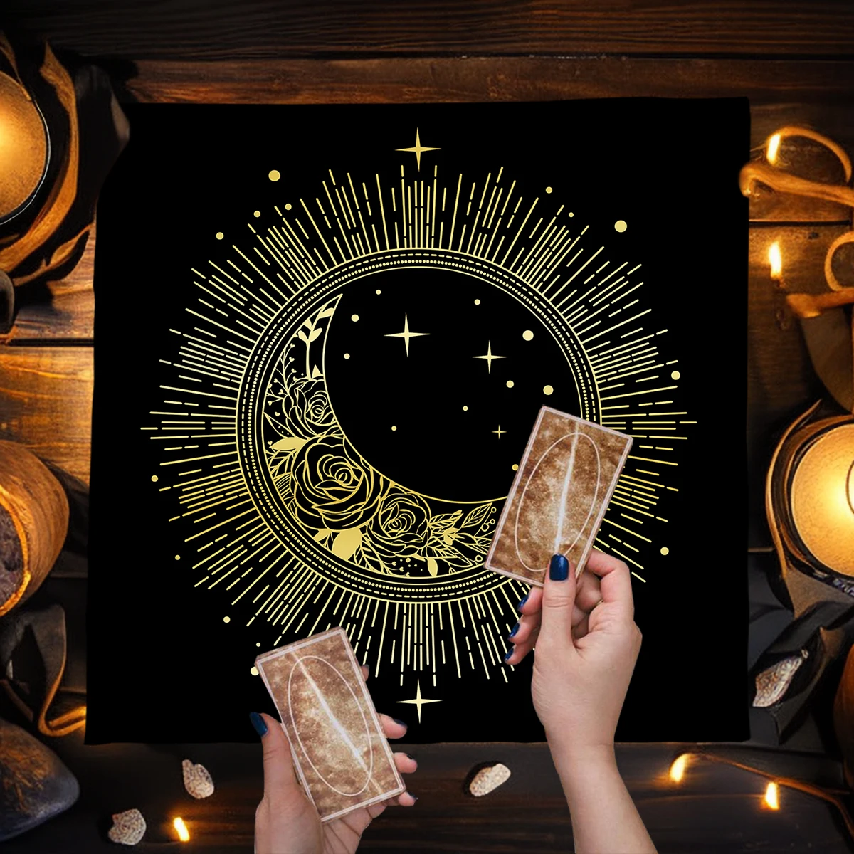 Golden Moon Divination Table Cloth For Tarot Black Altar Cloth Witchcraft Astrology Oracle Cards Pads Witch Home Room Decor