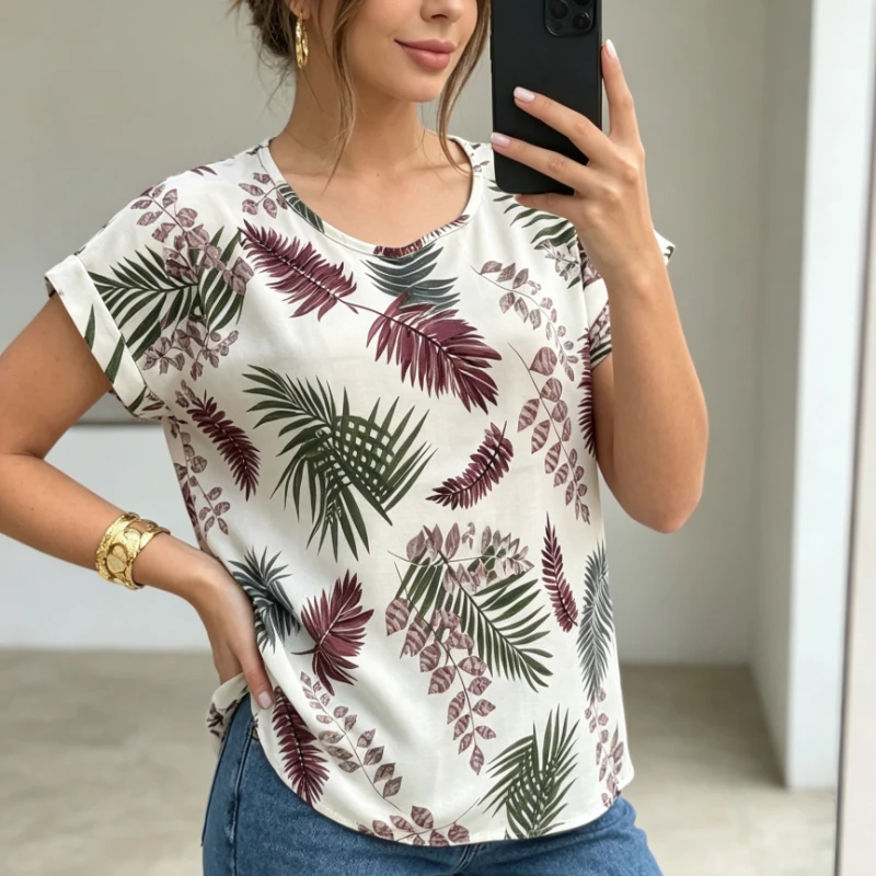 New Summer Fashion Women T-shirt, Round Neck Batwing Sleeve Tropical Print Tee, Casual Versatile Top for Vacation & Daily Wear