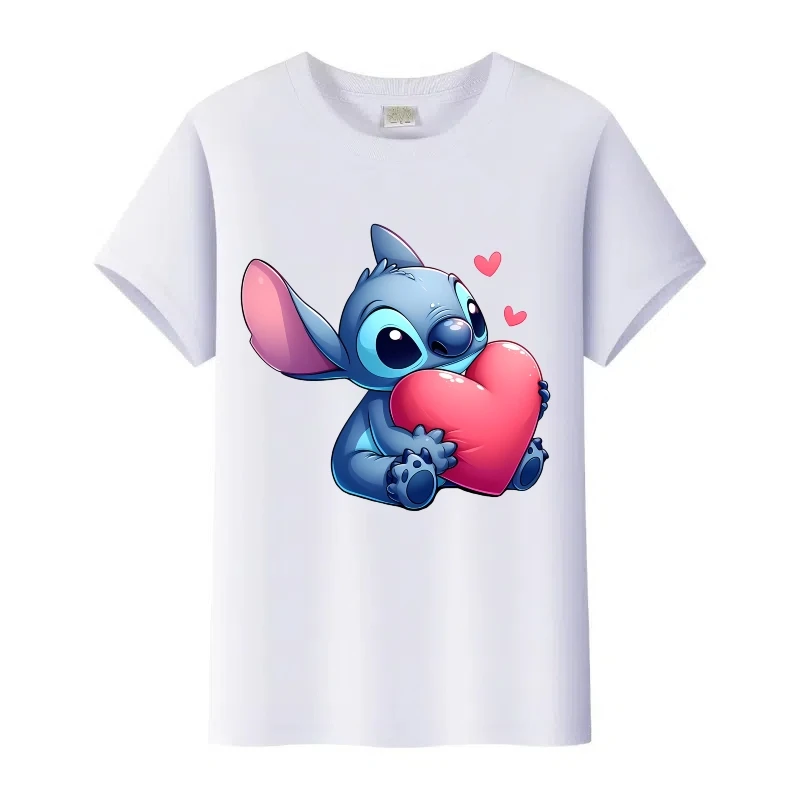 Kawaii ديزني الكرتون غرزة الحب طباعة القمم امرأة Harajuku الفتيات التي شيرت الرجال الصيف البلوزات الأطفال تيز الأسرة تي شيرت الملابس