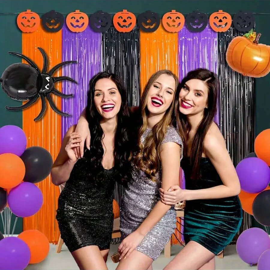 Orangefarbene, violette, schwarze Folienfransen-Vorhänge als Foto-Requisiten für Halloween-Partys, Trick-or-Treat-Partys, Tag der Toten-Partys usw. – Detail 3