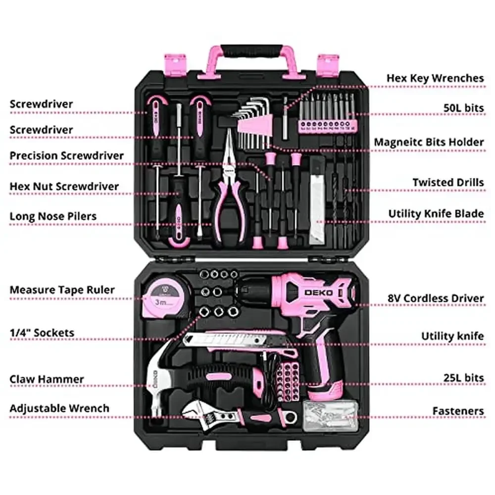 126 Piece Pink Cordless Drill Set Tool Kit with Type-C Charging Cable LED Light Anti-Skid Grip Alloy Steel Construction Ideal