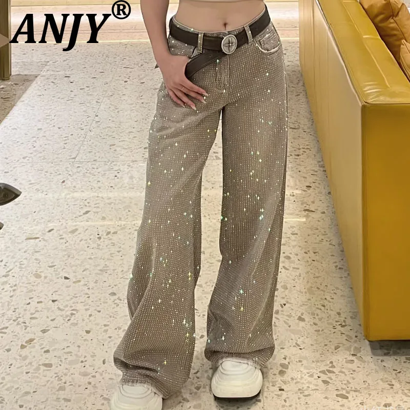 ANJY Autumn Winter New Women American Fashion High-End Jeans Elegant Distressed Stylish Loose Straight Casual Denim Pants A17887